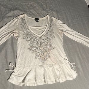 white long sleeve blouse , printed sparkly y2k design